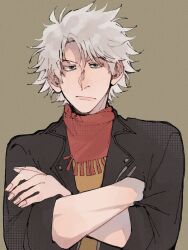 1boy bags_under_eyes bandana black_jacket brown_background brown_shirt classicaloid closed_mouth crossed_arms green_eyes grey_hair jacket looking_at_viewer ludwig_van_beethoven_(classicaloid) macha_n0 male_focus messy_hair red_bandana shirt short_hair simple_background solo unamused upper_body