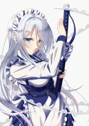 Rule 34 | 1girl, absurdres, blue eyes, grey hair, highres, holding, holding sword, holding weapon, katana, maid, maid headdress, md5 mismatch, resolution mismatch, simple background, solo, source larger, sword, sylpha (dai nana oji), taqielang, tensei shitara dai nana oji datta no de: kimama ni majutsu o kiwamemasu, upper body, weapon, white background