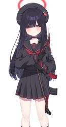 1girl absurdres assault_rifle black_choker black_gloves black_hair black_sailor_collar black_serafuku black_skirt black_socks blue_archive blush bullpup choker closed_mouth collarbone em-2 feet_out_of_frame gloves gun halo highres justice_task_force_member_(blue_archive) kneehighs long_hair long_sleeves looking_at_viewer murase48 neckerchief pleated_skirt red_eyes red_halo red_neckerchief rifle sailor_collar school_uniform serafuku simple_background skirt smile socks solo weapon weapon_on_back white_background