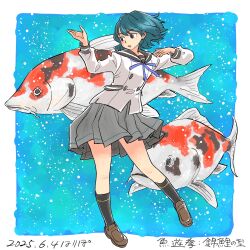 Rule 34 | 1girl, aqua hair, artist name, black sailor collar, black socks, blue eyes, blue ribbon, brown shoes, buttons, commentary, dated, fighting stance, fish, full body, grey skirt, hand up, hari tabo42, highres, kawabe marin, kneehighs, koi, loafers, neck ribbon, original, parted lips, pleated skirt, ribbon, sailor collar, school uniform, serafuku, shirt, shoes, short hair, signature, skirt, socks, solo, standing, translated, white shirt