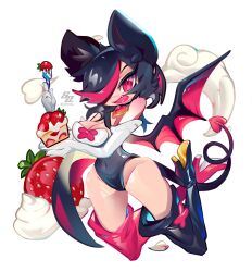 Rule 34 | 1girl, absurdres, animal ears, bat ears, bat girl, bat wings, black hair, black leotard, boots, breasts, cake, cake slice, cleavage, colored inner hair, demon girl, demon tail, demon wings, elbow gloves, flipped hair, food, fork, fruit, gloves, hair over one eye, head wings, heart, highres, holding, holding cake, holding food, holding fork, icing, leotard, looking at viewer, medium breasts, medium hair, multicolored hair, original, pear-shaped figure, red eyes, simple background, skullsideart, solo, strawberry, strawberry shortcake, tail, thigh boots, white background, white gloves, wide hips, wings