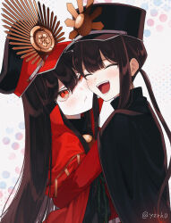 1boy 1girl :t black_cape black_hair black_hat black_jacket blush brother_and_sister cape center-flap_bangs chain cheek-to-cheek closed_eyes closed_mouth collared_cape crest family_crest fate/grand_order fate_(series) gold_chain hair_between_eyes half-closed_eye hat heads_together highres hug jacket kepi long_hair long_sleeves looking_at_another low_ponytail military_hat military_jacket military_uniform oda_nobukatsu_(fate) oda_nobunaga_(fate) oda_uri open_mouth peaked_cap polka_dot polka_dot_background ponytail popped_collar raised_eyebrows red_cape red_eyes red_jacket siblings sidelocks twitter_username v-shaped_eyebrows very_long_hair white_background yzrh0