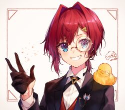 Rule 34 | 1girl, alternate costume, ange katrina, animal, animal on shoulder, bird, bird on shoulder, black gloves, black jacket, blue eyes, border, butler, collared shirt, commentary request, female butler, glasses, gloves, grey background, grin, hair intakes, hair ornament, half gloves, hand up, highres, inset border, jacket, lapel pin, lapels, light blush, long sleeves, looking at viewer, medium hair, mizuki fua, monocle, multicolored eyes, nijisanji, notched lapels, outside border, pince-nez, ponytail, portrait, purple eyes, red border, red hair, sebastian piyodore, shirt, short ponytail, signature, smile, star (symbol), suit jacket, triangle hair ornament, two-tone eyes, virtual youtuber, white shirt, wingtip collar, yellow-framed eyewear, yellow bird