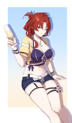 1girl absurdres belt blue_shorts champagne_flute collarbone cropped_jacket cup drinking_glass gradient_background highres holding holding_cup honkai_(series) honkai_impact_3rd invisible_chair jacket jewelry linea_alba looking_at_viewer luyue midriff murata_himeko navel necklace one_eye_closed red_hair shadow shell shell_necklace short-sleeved_jacket short_shorts short_sleeves shorts signature sitting smile solo white_belt yellow_eyes yellow_jacket