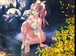 1girl bikini blue_bikini breast_press breasts cleavage collarbone crossover curvy feet front-tie_bikini_top front-tie_top glasses green_eyes hair_ribbon highres highschool_of_the_dead large_breasts looking_at_viewer multicolored_bikini navel official_art open_mouth pink_hair ribbon satou_shouji side-tie_bikini_bottom sidelocks smile stomach swimsuit taimanin_(series) taimanin_rpgx takagi_saya thick_thighs thighs twintails two-tone_bikini water white_bikini white_ribbon wide_hips