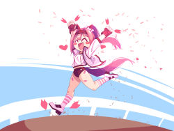 1girl ^_^ animal_ears arms_up blush_stickers buruma closed_eyes commentary english_commentary excited full_body haru_urara_(umamusume) heart highres horse_ears horse_girl horse_tail jacket open_mouth petals pink_hair running shirt shoes smile socks solo striped_clothes striped_socks tail tflame twintails umamusume white_jacket white_shirt white_shoes white_socks