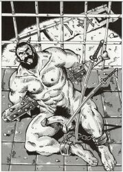 1boy abs arms_behind_back artist_request bara beard blood check_artist club club_(weapon) completely_nude cuffs erection excessive_pubic_hair facial_hair from_above full_beard full_body gagged genital_multation greyscale half-erect handcuffs highres large_pectorals looking_at_viewer magazine_scan male_focus mature_male monochrome muscular muscular_male nandemoya_no_tanuki-san nipples nude old old_man original pectorals penis prison pubic_hair receding_hairline scan short_hair small_horns solo spiked_club stab thick_beard thick_eyebrows uncensored weapon