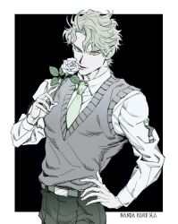 1boy bad_source bishounen blonde_hair closed_mouth dio_brando ear_birthmark flower jojo_no_kimyou_na_bouken necktie pale_skin phantom_blood rose solo white_flower white_rose