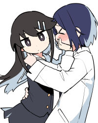 2girls black_hair black_skirt blue_hair blush closed_eyes hair_ornament hairclip long_hair long_sleeves multiple_girls original pedopetton sailor_collar school_uniform shirt short_hair simple_background skirt white_background white_sailor_collar white_shirt