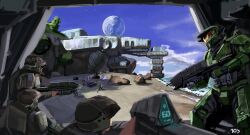 103anon 4boys armor assault_rifle assault_visor beach bullpup cliff cloud earpiece energy_gun firing grunt_(halo) gun halo:_combat_evolved halo_(series) helmet highres holding holding_gun holding_weapon looking_ahead ma5 master_chief moon multiple_boys ocean pov power_armor rifle sand sangheili scene_reference scenery sky soldier spartan_(halo) tree weapon