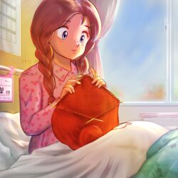 1girl absurdres artist_name bed blanket blue_eyes braid brown_hair closed_mouth commentary_request curtains freckles hair_over_shoulder highres holding hospital_bed indoors knitting knitting_needle miz_mus needle nozomi_(urusei_yatsura) on_bed pajamas pillow pink_pajamas sitting smile solo twin_braids twitter_username under_covers urusei_yatsura yarn yarn_ball
