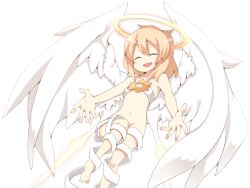 1girl angel angel_wings blonde_hair blue_eyes breasts closed_eyes feathered_wings frfr game_cg halo hexagram large_breasts lucifina_(mon-musu_quest!) mon-musu_quest! mon-musu_quest:_paradox naked_ribbon navel nose open_mouth outstretched_arms ribbon smile star_of_david thighs variant_set white_ribbon white_wings wings yellow_halo