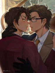 2boys ace_of_diamond back black_gloves braid brown_eyes brown_hair brown_jacket closed_mouth collared_shirt glasses gloves hand_on_another&#039;s_back hand_on_another&#039;s_neck highres jacket looking_at_viewer male_focus miyuki_kazuya multiple_boys necktie nume_x parted_lips red_jacket sawamura_eijun shirt sideburns twitter_username upper_body white_shirt yaoi