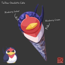 arrow_(symbol) artist_logo artist_name character-themed_food character_name cream food food_focus food_name gen_3_pokemon grey_background highres logo nintendo no_humans omelette_cake pokemon pokemon_(creature) simple_background sorbet taillow yuki00yo
