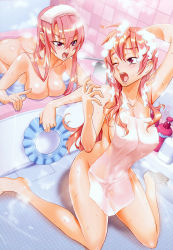 &gt;:o 2girls :o ;o absurdres angry arched_back arm_behind_head arm_up armpits ass back barefoot bath bathing bathroom bathtub bent_over blush bottle breast_press breasts bubble cleavage completely_nude covered_erect_nipples covering_privates feet fingernails foam full_body hair_between_eyes hanging_breasts highres highschool_of_the_dead holding huge_filesize impossible_towel indoors kneeling large_breasts long_fingernails long_hair looking_at_another mirror miyamoto_rei multiple_girls nail_(hardware) naked_towel nude nude_cover official_art on_floor one_eye_closed open_mouth partially_submerged pink_hair pointing purple_eyes raised_eyebrows red_eyes red_hair reflection same-sex_bathing satou_shouji scan scolding see-through_clothes shadow shampoo shampoo_hat shared_bathing shouting sideboob soap_bubbles steam takagi_saya tears tile_floor tile_wall tiles towel towel_on_head v-shaped_eyebrows very_long_hair washing_hair water wet wince wink