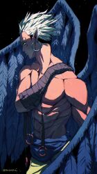 1boy abs bandaged_arm bandages biceps bird_wings black_background black_hair black_wings colored_skin earrings facial_mark feathered_wings gloves green_eyes highres jewelry kapxapius light_particles lo_po_bia_kirin looking_at_viewer male_focus mature_male multicolored_hair muscular muscular_male original pants pectorals pointy_ears red_skin short_hair solo topless_male tower_of_god twitter_username two-tone_hair white_hair wings yellow_pants