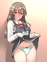 1girl absurdres ashigara_(kancolle) belt black_belt black_dress blush bow bow_panties breasts brown_eyes brown_hair clothes_lift collared_shirt commentary_request dress dress_lift full-face_blush furaggu_(frag_0416) hairband highres kantai_collection lifting_own_clothes long_hair looking_at_viewer neck_ribbon panties pinafore_dress red_ribbon ribbon shirt sleeveless sleeveless_dress solo teeth thighs underwear variant_set white_panties white_shirt