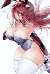 1girl animal_ears bare_shoulders black_choker blush breasts brown_hair center_opening choker cleavage elbow_gloves friday_night_funkin&#039; girlfriend_(friday_night_funkin&#039;) gloves hair_between_eyes large_breasts leotard long_hair looking_at_viewer playboy_bunny rabbit_ears rabbit_tail red_eyes sideboob solo tail thick_thighs thighhighs thighs usa37107692 white_background white_gloves white_thighhighs