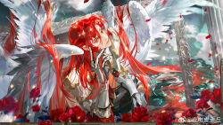 1boy angel_wings armor character_request chinese_commentary closed_mouth commentary_request dawn expressionless eyelashes feathered_wings flower full_armor full_moon hair_between_eyes hair_flowing_over hair_spread_out head_tilt highres holding holding_own_hair honkai:_star_rail honkai_(series) light_particles lipstick long_hair looking_at_viewer makeup male_focus moon multiple_wings partially_submerged pauldrons petals picture_frame pink_lips red_flower red_hair red_rose ripples rose rose_petals seraph shoulder_armor sitting solo thick_eyebrows very_long_hair watermark weibo_watermark white_wings wings ye_dian_pikaqiu yellow_eyes