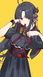 Rule 34 | 1girl, absurdres, ahoge, awa subaru, black hair, black kimono, bracelet, commentary request, girls band cry, highres, japanese clothes, jewelry, kimono, kuji (orca9ji), kuuhaku to catharsis, long hair, mouth hold, obi, one side up, parted bangs, purple eyes, red ribbon, red sash, ribbon, ribbon in mouth, sash, sidelocks, solo, yellow background