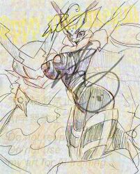 absurdres adversarial_noise antennae armor arthropod_girl breasts digimon digimon_(creature) happy highres long_hair looking_at_viewer mask ppp_machinegun queenbeemon smile tigervespamon very_long_hair watermark