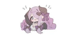 1girl blue_eyes braid breasts chibi chibi_only cleavage dorainatto granblue_fantasy large_breasts long_hair low_twintails narmaya_(granblue_fantasy) open_mouth pointy_ears purple_hair simple_background smile solo twin_braids twintails upper_body white_background