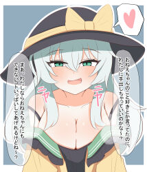 1girl absurdres black_camisole black_hat blush bow breasts camisole cleavage collarbone commentary_request double_strap_slip eyes_visible_through_hair green_eyes green_hair hair_between_eyes hat hat_bow heart highres huge_breasts komeiji_koishi long_hair looking_at_viewer natsumasa21 open_clothes open_mouth open_shirt shirt smile solo speech_bubble spoken_heart straight-on touhou translation_request yellow_bow yellow_shirt