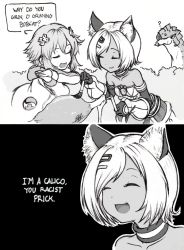 10s 2girls ? ^_^ animal_ears boned_meat chou_megami_shinkou_noire_gekishin_black_heart closed_eyes comic d-pad english_text fangs female_focus food greyscale hair_ornament isaki_tanaka meat monochrome monster_hunter_(series) moruu multiple_girls neptune_(neptunia) neptune_(series) open_mouth outdoors own_hands_together pocahontas_(movie) profanity rathalos rotisserie short_hair smile speech_bubble tail text_focus white_hair