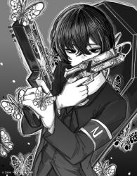 Rule 34 | 1boy, animal print, armband, bags under eyes, black armband, black butterfly, black eyes, black hair, black suit, bug, butterfly, coffin, collared shirt, covering own mouth, crossed bangs, double-parted bangs, dual wielding, e.g.o (project moon), exhausted, formal clothes, gloves, greyscale, gun, hair between eyes, handgun, highres, holding, holding gun, holding weapon, insect, limbus company, looking at viewer, male focus, monochrome, moqilengquan, project moon, shirt, short hair, solemn lament (e.g.o), solo, suit, weapon, white butterfly, white gloves, white shirt, yi sang (project moon)