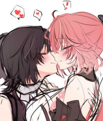 ! 2girls black_hair blush changli_(wuthering_waves) closed_eyes female_rover_(wuthering_waves) from_side hand_on_another&#039;s_back heart highres monokuro_(sekahate) multiple_girls orange_hair rover_(wuthering_waves) simple_background sketch smile spoken_exclamation_mark spoken_heart upper_body white_background wuthering_waves yuri