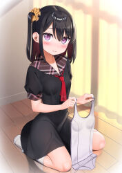 1girl :s apollo_(hu_maple) black_dress black_hair blush breasts changing_room colored_inner_hair commentary_request covered_groin curtains dot_nose dress full_body furrowed_brow hair_ornament hair_scrunchie highres holding holding_swimsuit holding_unworn_clothes indoors kneehighs looking_at_viewer medium_hair multicolored_hair necktie one-piece_swimsuit original pink_eyes plaid_clothes plaid_sailor_collar red_hair red_necktie sailor_collar sailor_dress scrunchie seiza sitting skin_tight small_breasts socks solo swimsuit unworn_swimsuit white_one-piece_swimsuit white_socks yellow_scrunchie