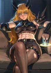 1girl abs armor black_pantyhose blonde_hair blue_eyes breasts cleavage clothing_cutout highres long_hair looking_at_viewer magik_(x-men) marvel marvel_rivals navel pantyhose robusta_mania short_shorts shorts solo torn_clothes torn_pantyhose x-men