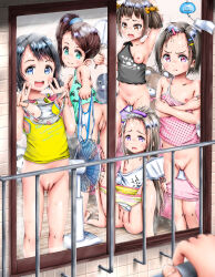 5girls :d aqua_eyes aqua_tank_top black_hair black_shirt blonde_hair blue_eyes bottomless breasts brown_eyes camisole censored cleft_of_venus commentary_request double_v electric_fan flat_chest frown higeepon highres holding holding_panties holding_underwear holding_unworn_clothes hot loli long_hair looking_at_viewer melon_print mosaic_censoring multiple_girls nipples open_mouth original panties partial_commentary pink_camisole pink_eyes pink_panties pov presenting_removed_panties purple_eyes pussy scowl shirt short_hair short_twintails side_ponytail small_breasts smile tank_top twintails underwear unworn_panties v white_panties wind_chime window yellow_panties yellow_tank_top