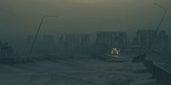 apartment ashes building dilapidated grey_theme haze headlight_beam highres lamppost motor_vehicle no_humans outdoors ruins science_fiction simon_stalenhag the_labyrinth unconventional_vehicle wreckage