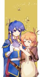 1boy 1girl belt blue_cape blue_eyes blue_hair blue_tunic bob_cut border brown_belt brown_capelet bug butterfly butterfly_on_hand cape capelet closed_eyes closed_mouth curly_hair double-parted_bangs dress fire_emblem fire_emblem:_genealogy_of_the_holy_war flying_sweatdrops gloves hair_between_eyes hand_up headband high_collar insect lana_(fire_emblem) long_hair long_sleeves looking_at_another low_ponytail neck_ribbon neeeeeeega_2025 nintendo orange_hair outside_border pillarboxed ponytail red_cape ribbon seliph_(fire_emblem) short_dress sidelocks smile tunic two-sided_cape two-sided_fabric white_belt white_border white_dress white_gloves white_headband white_ribbon yellow_background yellow_butterfly