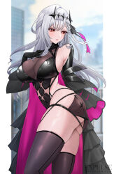 1girl alternate_costume ass bandages bare_shoulders breasts circlet detached_sleeves dress expulse from_behind from_below gloves goddess_of_victory:_nikke hair_ornament hair_ribbon large_breasts long_hair marian_(nikke) modernia_(nikke) modernia_(second_affection)_(nikke) official_alternate_costume red_eyes ribbon skindentation solo thick_thighs thighhighs thighs very_long_hair white_hair