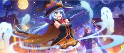Rule 34 | 0 0, 2girls, ahoge, aqua (konosuba), armpits, black cape, black dress, black hat, blue eyes, blue hair, bow, bowtie, breasts, brown hair, cape, chimney, cleavage, cloud, cowboy shot, dress, elbow gloves, full moon, game cg, gem, ghost, gloves, glowing, hair over one eye, halloween, halloween costume, hands up, hat, highres, house, kono subarashii sekai ni shukufuku wo!, konosuba! fantastic days, lamppost, lens flare, long hair, long sleeves, medium breasts, moon, multiple girls, night, night sky, official art, open mouth, orange cape, orange skirt, outdoors, outstretched arms, pumpkin hat ornament, purple brooch, purple dress, purple gemstone, purple gloves, red bow, red bowtie, skirt, sky, sparkle, spread arms, star (sky), starry sky, string of flags, third-party source, town, two-sided cape, two-sided fabric, wide brim, witch hat, wiz (konosuba)