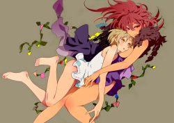 2girls age_difference bare_legs barefoot blonde_hair blush breasts brown_eyes clothes_pull dress dress_pull feet head_on_chest highres large_breasts long_hair looking_to_the_side looking_up mebae multiple_girls no_bra open_mouth original purple_dress red_eyes red_hair short_hair small_breasts smile white_dress yuri