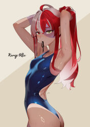 1girl absurdres alternate_costume alternate_hairstyle aou13093 armpits arms_behind_head ass blue_one-piece_swimsuit breasts character_name colored_skin competition_swimsuit cowboy_shot double-parted_bangs grey_background highleg highleg_one-piece_swimsuit highres hololive hololive_indonesia kureiji_ollie long_hair looking_at_viewer making-of_available mismatched_eyes mouth_hold multicolored_hair multicolored_skin one-piece_swimsuit patchwork_skin red_hair ribbon ribbon_in_mouth sidelocks small_breasts solo stitches swimsuit tan tanline two-tone_background two-tone_hair two-tone_skin virtual_youtuber wet white_hair zombie