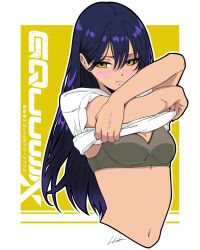 Rule 34 | 1girl, bambi surprise, black bra, blush, bra, breasts, closed mouth, clothes lift, commentary request, copyright name, cropped torso, gundam, gundam gquuuuuux, highres, lifting own clothes, long hair, looking at viewer, nyaan (gundam gquuuuuux), purple hair, shirt, shirt lift, simple background, solo, two-tone background, underwear, white background, white shirt, yellow background, yellow eyes