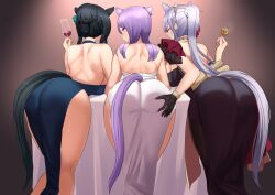 3girls alcohol animal_ears ass ass_focus back bare_shoulders black_dress black_hair blue_dress bow braid braided_bun breasts commentary_request cup dress drinking_glass ear_bow food gold_ship_(la_mode_564)_(umamusume) gold_ship_(umamusume) grabbing_another&#039;s_ass grey_hair grin groping hair_bun highres horse_ears horse_girl horse_tail jewelry long_hair looking_back mejiro_mcqueen_(umamusume) mejiro_ramonu_(umamusume) multiple_girls necklace ponytail purple_hair sideboob single_bare_shoulder smile table tail thick_thighs thighs tsmp7855 umamusume white_dress wine wine_glass