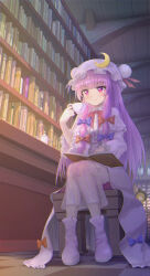 2girls absurdres blonde_hair blue_bow blue_ribbon blunt_bangs book bookshelf bow bowtie capelet checkered_floor closed_mouth commentary_request crescent crescent_hat_ornament cup desk dress dress_bow hair_bow hat hat_ornament hat_ribbon highres holding holding_cup kirisame_marisa library light_blush long_hair mob_cap multiple_girls open_book open_mouth patchouli_day patchouli_knowledge purple_eyes purple_hair red_bow red_ribbon ribbon robe scenery see-through_clothes sitting smile solo_focus stool striped_clothes striped_dress teapot toorooo touhou vertical-striped_clothes vertical-striped_dress very_long_hair watermark wide_sleeves window witch_hat yellow_bow