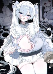1girl absurdres amu1207 bare_shoulders black_background blue_jacket blush breasts character_doll cinderella_(nikke) commander_(nikke) doll goddess_of_victory:_nikke grey_hair hair_ornament hand_mirror highres holding holding_mirror jacket large_breasts looking_at_viewer mirror multiple_views simple_background sitting smile solo thighhighs twintails white_hair white_thighhighs x-ray x_hair_ornament
