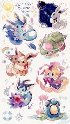 alternate_color bottle closed_mouth coco7 commentary cork eevee flower gen_1_pokemon gen_3_pokemon gen_4_pokemon gen_5_pokemon heart innertube jirachi legendary_pokemon lily_pad mythical_pokemon nintendo palpitoad petals pink_flower pokemon pokemon_(creature) ribbon sagittarius_(constellation) shiny_and_normal shiny_pokemon starfish starmie swim_ring torterra vaporeon water water_drop white_ribbon