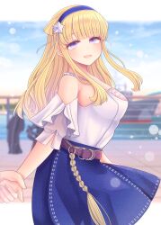 Rule 34 | 1girl, belt, blonde hair, blouse, blue skirt, breasts, double bun, fletcher (kancolle), fletcher (mitsukoshi) (kancolle), fletcher kai (kancolle), hair bun, hair ornament, hairband, highres, holding hands, kantai collection, long hair, looking at viewer, nagi kantai114, official alternate costume, open mouth, outdoors, purple eyes, red belt, shirt, skirt, smile, star (symbol), star hair ornament, white shirt