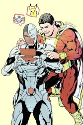 2boys artist_name billy_batson bodysuit boots cape cyborg cyborg_(dc) dark-skinned_male dark_skin dc_comics evinist flying gen_1_pokemon handheld_game_console highres holding holding_handheld_game_console justice_league large_pectorals looking_at_another magnemite male_focus multiple_boys muscular muscular_male nintendo open_mouth pectorals pikachu playing_games pokemon red_bodysuit shazam short_hair simple_background smile very_short_hair white_cape yellow_background