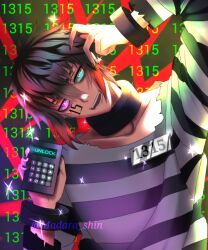 Rule 34 | 1boy, aqua eyes, asymmetrical hair, black choker, black hair, calculator, choker, cuffs, handcuffs, heterochromia, juugo (nanbaka), kuu (nanbaka), madara shin, multicolored hair, nanbaka, number tattoo, prison clothes, purple eyes, red hair, short hair, tattoo