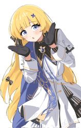 1girl black_bow black_collar black_gloves blonde_hair blue_eyes blue_gemstone blue_sash bow collar commentary corrupted_twitter_file cowboy_shot cryne gem gloves hair_bow hair_ornament highres long_hair long_sleeves looking_at_viewer no_headwear phoebe_(wuthering_waves) sash shirt simple_background skirt solo striped_bow very_long_hair white_background white_shirt white_skirt wuthering_waves x_hair_ornament