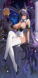 1girl absurdres animal_ears apron azur_lane black_gloves black_hair black_shoes breasts cleavage cleopatra_(azur_lane) crossed_legs dark-skinned_female dark_skin gloves half_gloves high_heels highres jackal_ears kafeifeifeifeifeifei_jiemo_jun large_breasts long_hair looking_at_viewer maid_headdress manjuu_(azur_lane) multicolored_hair purple_eyes purple_hair shoes sitting solo tan tanline thighhighs two-tone_hair very_long_hair white_apron white_thighhighs