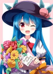 1girl ;d artist_name black_hat blue_hair blush border bouquet bow bowtie collared_shirt flower happy_birthday hat hat_ornament highres hinanawi_tenshi holding holding_bouquet leaf_hat_ornament long_hair looking_at_viewer missing_commentary one_eye_closed open_mouth outside_border peach_hat_ornament pink_border red_bow red_bowtie red_eyes ribbon ruu_(tksymkw) shirt short_sleeves simple_background smile solo touhou upper_body white_background white_shirt yellow_ribbon